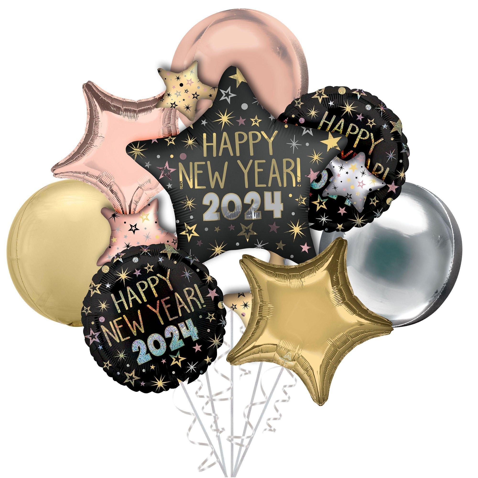 Premium New Year Celebration 2024 Star Foil Balloon Bouquet, 8pc